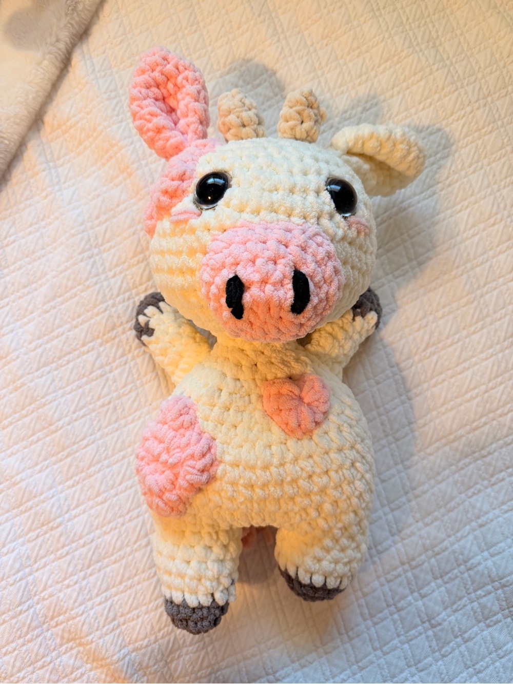 Handmade Plush Cow Stuffed Animal - Cream and Pink